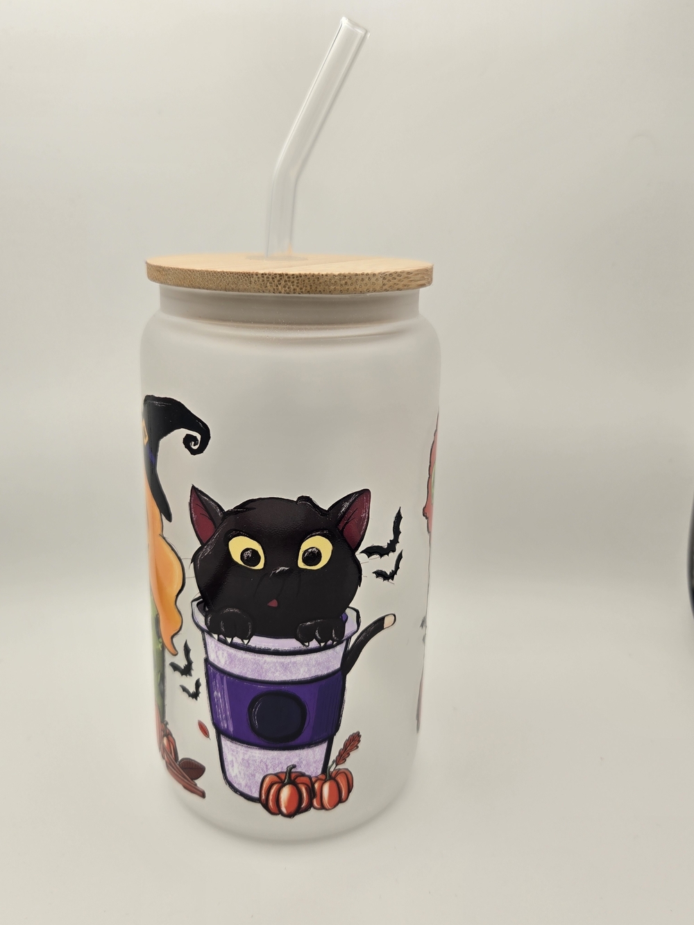 Frosted Halloween Glass Tumbler with Bamboo Lid and Straw - Red & Green Accents - Picture 4 of 5